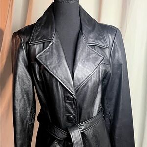 Jacqueline Ferrar Black Leather Jacket with Tie Waist